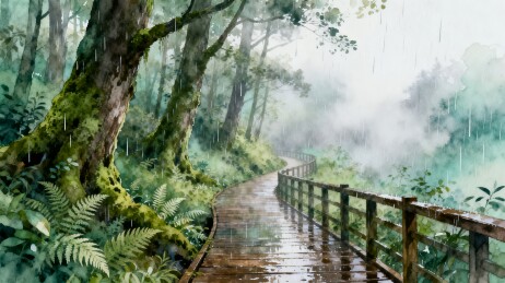 林间栈道水彩插画雨雾森林自然风景