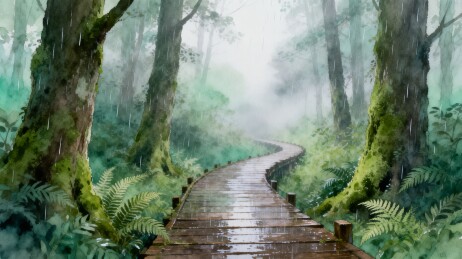 林间栈道水彩插画雨雾森林自然风景