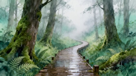 林间栈道水彩插画雨雾森林自然风景