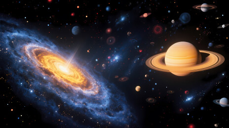 璀璨螺旋星系与土星共舞