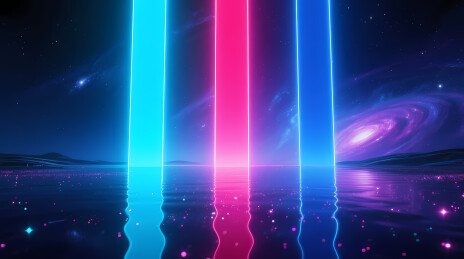 霓虹光柱映照星空与水面