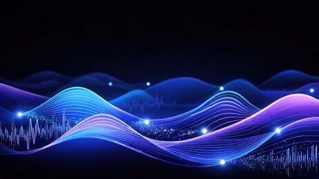 蓝紫渐变波浪曲线交织黑色背景平视视角