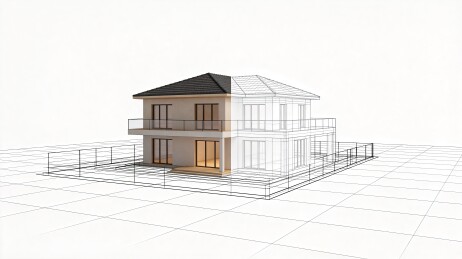 两层住宅实体渲染与线框模型对比图