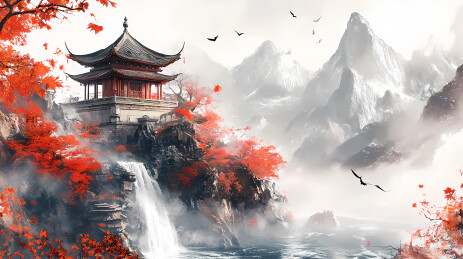 水墨山水与红枫亭阁