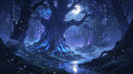 夜光蘑菇森林满月湖面梦幻治愈插画