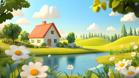 卡通小屋与春意盎然的草地