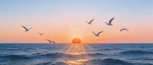 夕阳海面海鸥群飞海上日落景象