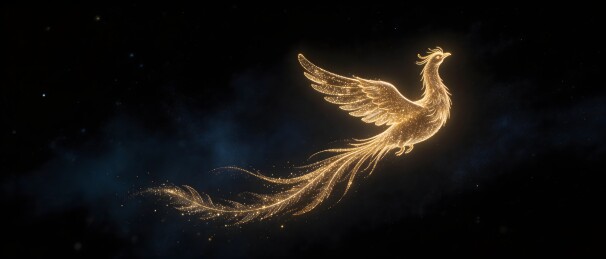 金色发光神鸟夜空翱翔图景