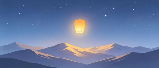 夜空下的孔明灯与山脉