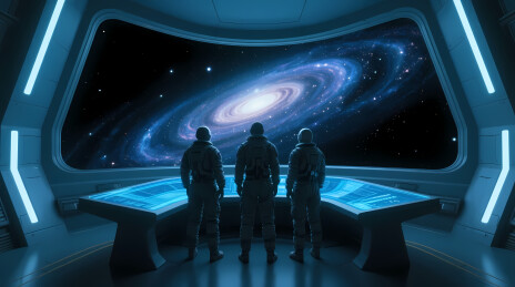 三人凝望窗外蓝紫星系