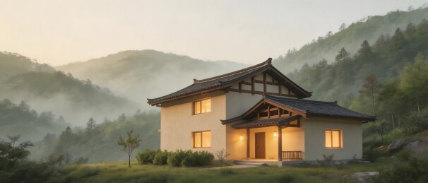 晨雾山林中的传统民居