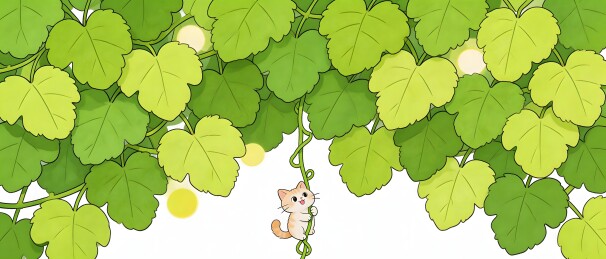 绿叶藤蔓间攀爬的小奶猫