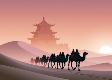 沙漠驼队行进古塔