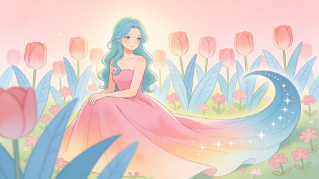 蓝发少女静坐花丛中