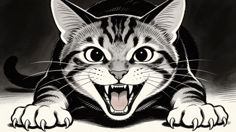 黑白色调中怒吼的虎斑猫