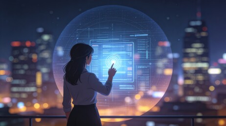 女性触碰全息球体都市夜景中景镜头