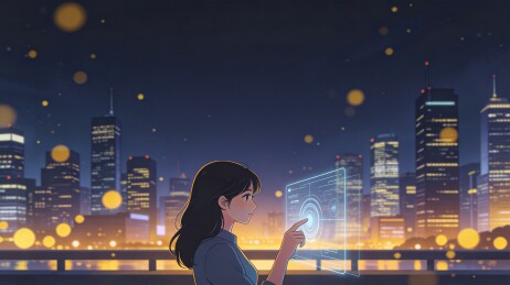 女性操作全息投影城市夜景