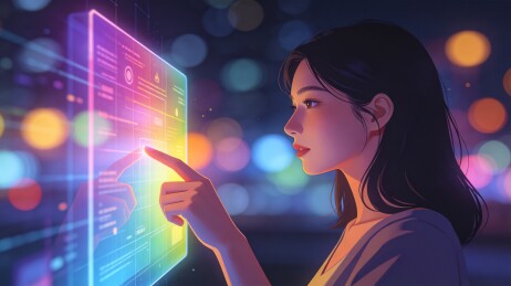 女性触碰全息多彩图形界面城市夜景中景