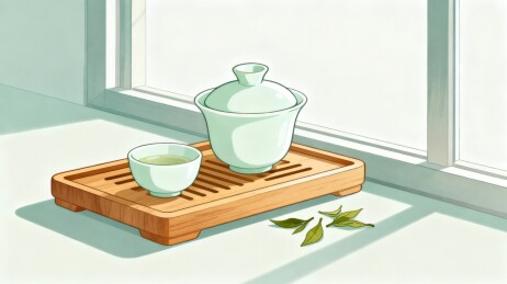 窗边青瓷茶具中式清茶手绘插画