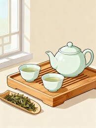 窗边青瓷茶具中式清茶手绘插画