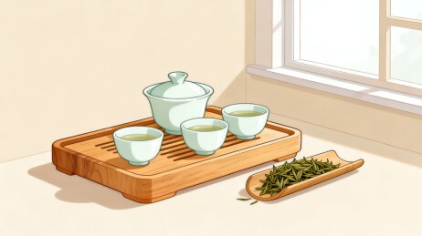 窗边青瓷茶具中式清茶手绘插画