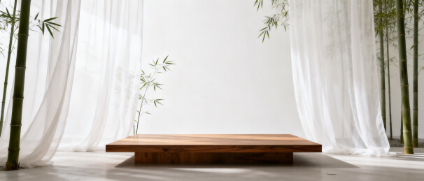 东方美学极简白纱竹子木桌展台背景