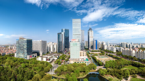 航拍苏州金鸡湖东方之门CBD城市天际线