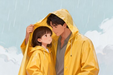 雨中父女共撑黄雨衣
