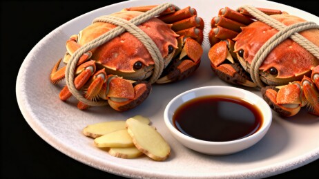 绑绳螃蟹配姜丝酱油美食摆盘