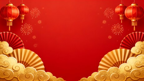 红色灯笼祥云折扇装饰背景