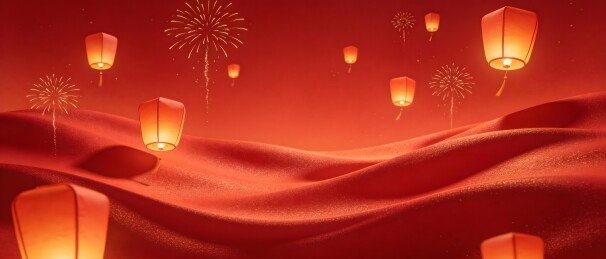 红色夜空孔明灯与烟花齐飞