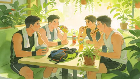 四个运动后的青年人在室内休息