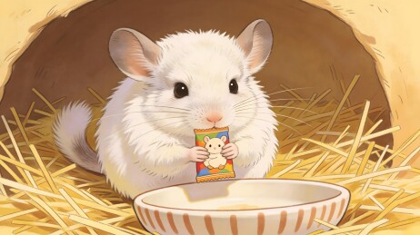 白色龙猫坐在干草上吃零食