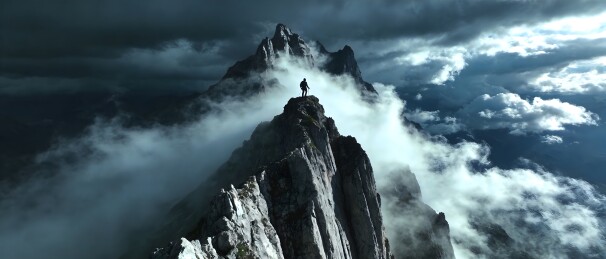 山峰之巅云雾中的登山者