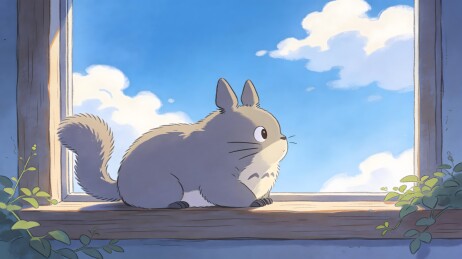 窗边龙猫望向窗外蓝天