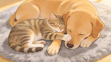 虎斑猫与金毛犬卧于地毯