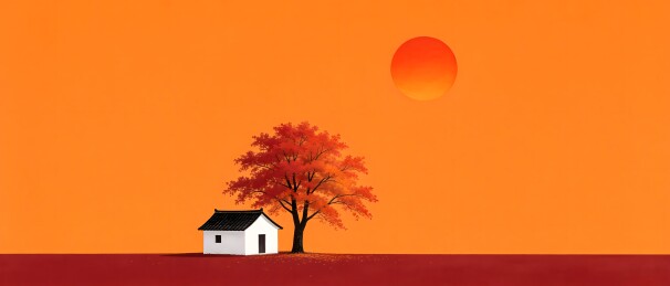 秋日夕阳下的红枫树与白房子