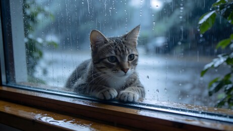 一只虎斑猫趴在窗边看雨