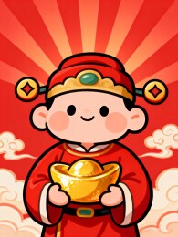 卡通财神手捧金元宝喜庆形象