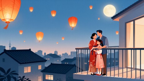 夜空下阳台上一家三口望天灯