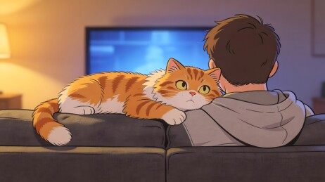 橘猫趴在沙发靠背上陪伴看电视的男子
