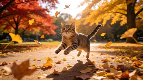 金秋时节奔跑的虎斑猫
