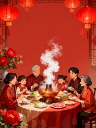 家庭围坐火锅前共享团圆饭