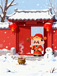 冬日雪景中的红色院门与福神