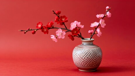 红色梅花插于几何纹饰花瓶之中
