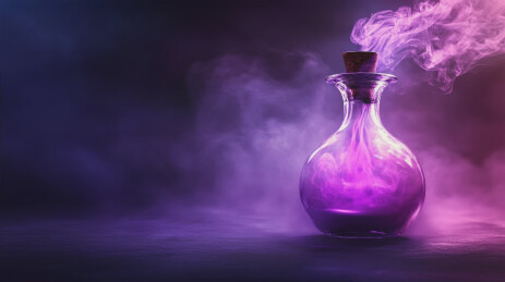 魔法药水瓶在紫色烟雾背景中发光