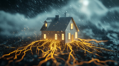 风雨交加中散发金色能量根脉的小屋
