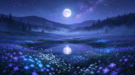 月夜花海湖面山林夜景风光