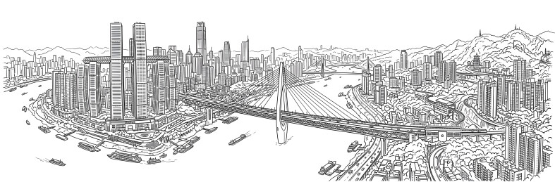 手绘风格城市天际线与跨江大桥全景