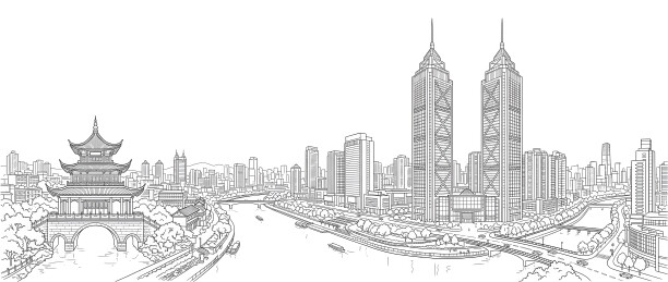 现代高楼与传统古塔城市线稿景观